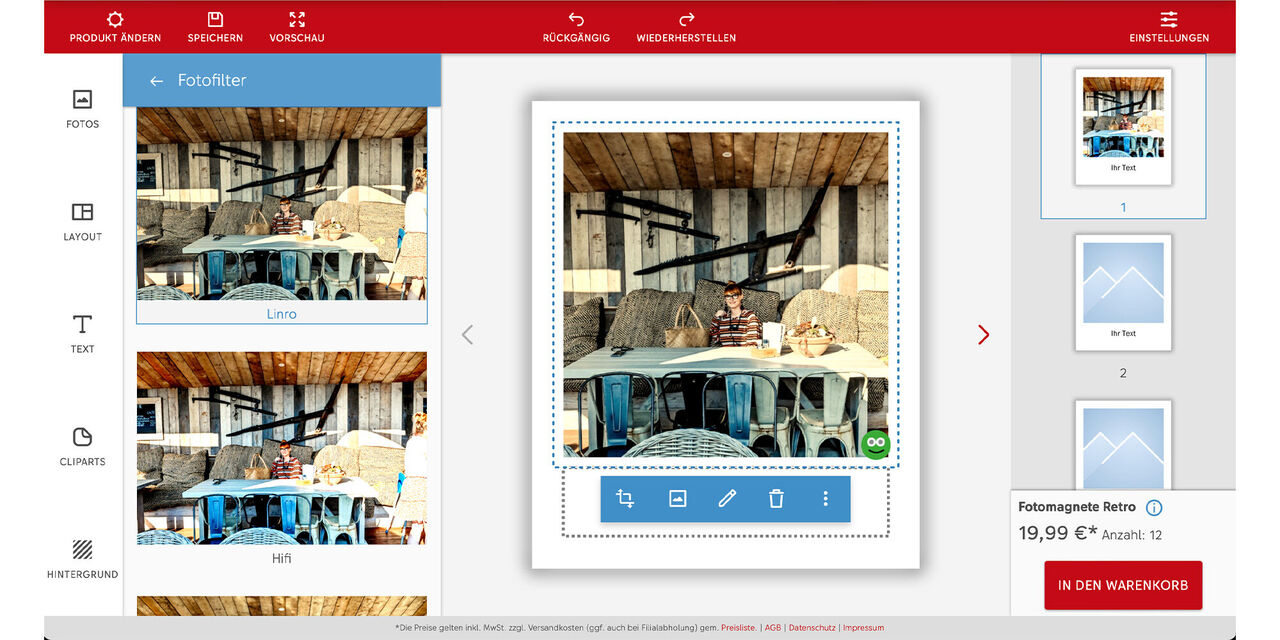 Screenshot der Onlinegestaltung, in der Bearbeitung ist ein Retro Fotomagnet mit dem Foto einer Frau an einem Restauranttisch, links sieht man verschiedene Fotofilter-Optionen.